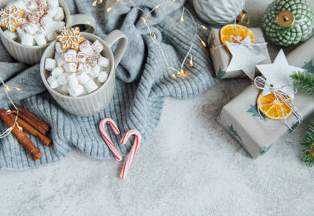 Hot chocolate with marshmallows, warm cozy Christmas drink, gingerbread cookies and decorationsの写真素材