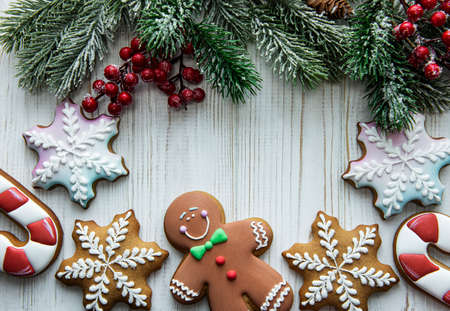 Christmas backgrounds. Homemade gingerbread cookies border with copy space.の写真素材