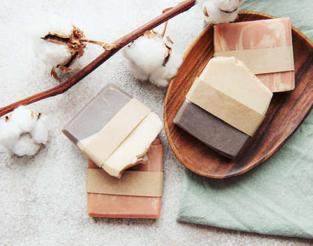 Handmade organic soap bars and cotton flowersの写真素材
