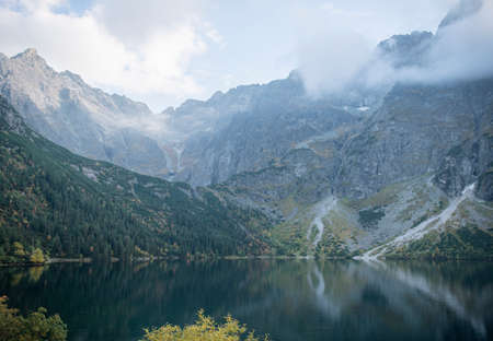 Morskie Oko lake (Eye of the Sea) at Tatra mountains in Poland. Famous Polish resort at Tatra National Park near Zakopane city.の写真素材