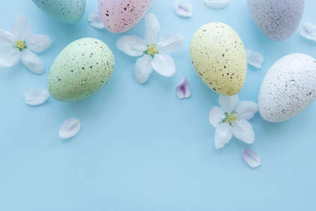 Top view of colorful easter eggs on blue backgroundの写真素材