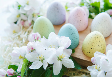 Happy Easter, eco concept. Easter eggs in wooden tray on green wooden background