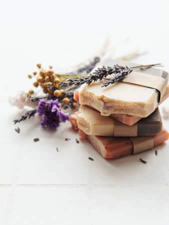 Natural handmade soap with dried flowers and lavenderの写真素材