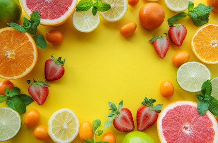 Frame made of ripe fruits on a yellow background