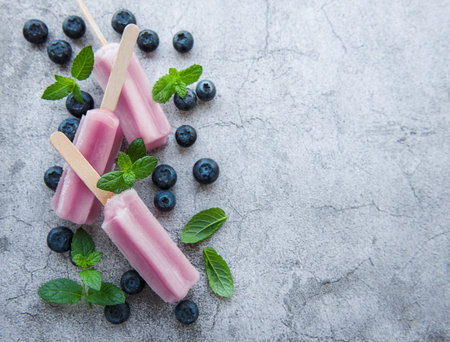 Ice creams from fresh organic blueberries. Summer sweets and desserts. Vegan food.の写真素材