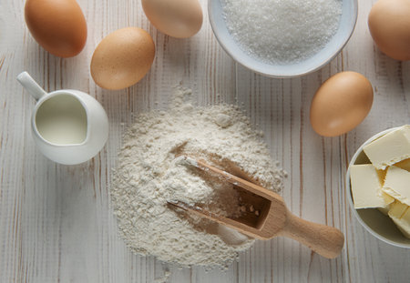 Dough recipe ingredients on white rural wood kitchen tableの写真素材