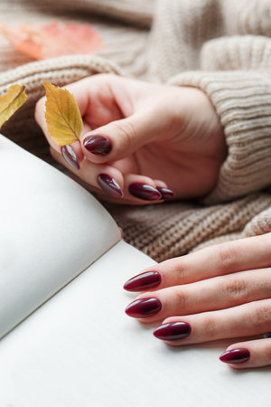 Beautiful hands of a young woman with dark red manicure on nails. Autumn concept. Hands of a girl in a warm brown sweater leafing through a bookの写真素材