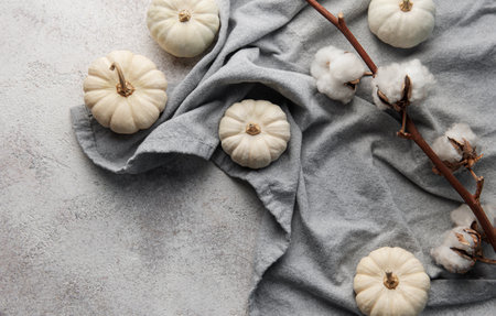 White decorative pumpkins and cotton flowers on the background of a grey concrete. Cozy autumn conceptの写真素材