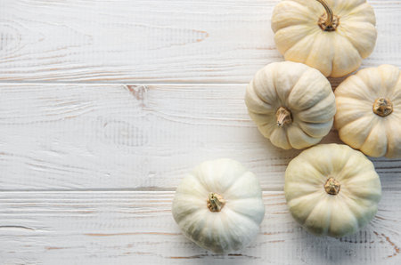 Thanksgiving or harvest flatlay with pumpkins on white wooden  background. Autumn fall concept. Holiday decor.の写真素材