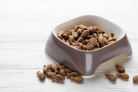 A bowl of dog food, dry puppy food in the shape of a fish on a wooden floor. Dry food in granules.の写真素材