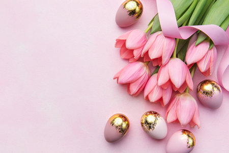 Happy easter holiday greeting card. Bouquet of pink tulips and Easter egg on pink background. Space...