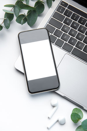 Flat lay, top view office table desk. Workspace with laptop, smartphone, eucalyptus and  on white background. Space for text, mock up.の写真素材