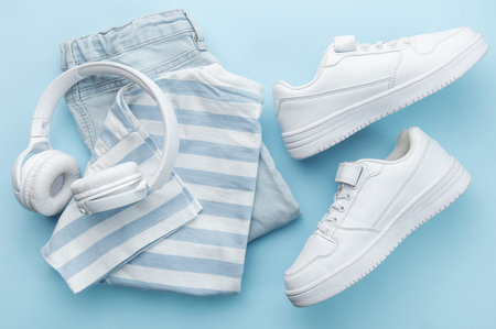 Child's white t-shirt, white sneakers and headphones on blue backgrund.の写真素材