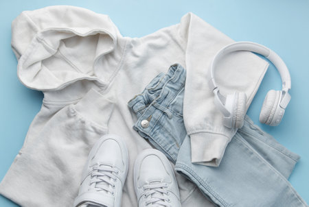 Childs clothing, accessories, footwear,  sweatshirt,  jeans,  sneakers, headphones on blue background. Outfit for teens. Top view, flat lay. Trendy colorsの写真素材