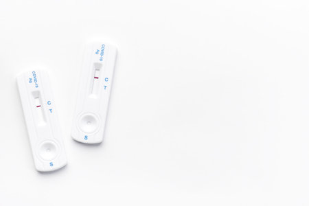 Home testing kit for coronavirus on a white background. Negative Covid-19 antigen test kit, one step...