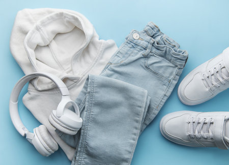Childs clothing, accessories, footwear,  sweatshirt,  jeans,  sneakers, headphones on blue background. Outfit for teens. Top view, flat lay. Trendy colorsの写真素材
