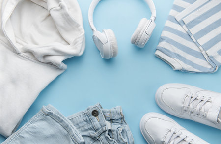 Childs clothing, accessories, footwear,  sweatshirt,  jeans,  sneakers, headphones on blue background. Outfit for teens. Top view, flat lay. Trendy colorsの写真素材