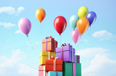 AI generative. Colorful Balloons flying with gift boxes  against blue sky.の素材