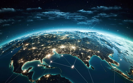 AI generative. Global communication network concept network dots surrounding planet earth.  Blue earth in space.の素材
