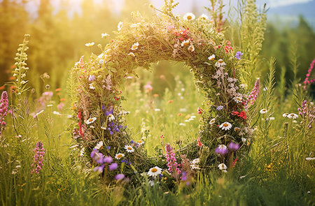 AI generative. Day of summer solstice, equinox concept.  Beautiful wreath with colorful flowers.の素材