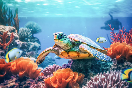 AI generative. World ocean day concept.  Underwater sea world. Ecosystem. Colorful tropical fish and turtle. Life in the coral reef.の素材