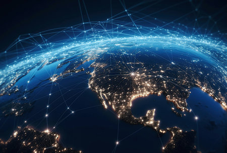 AI generative. Global communication network concept network dots surrounding planet earth.  Blue earth in space.の素材