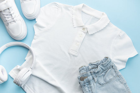 Child's white t-shirt, white sneakers and headphones on blue backgrund.の写真素材