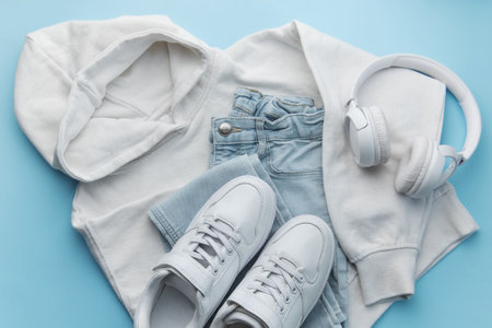 Childs clothing, accessories, footwear,  sweatshirt,  jeans,  sneakers, headphones on blue background. Outfit for teens. Top view, flat lay. Trendy colorsの写真素材