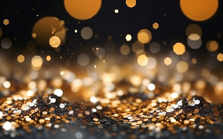 AI generative.  Abstract holiday background, gold and black glitter lights, defocused background.の素材