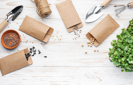 Gardening concept, planting at home.  Set of gardening tools and supplies for sowing seeds