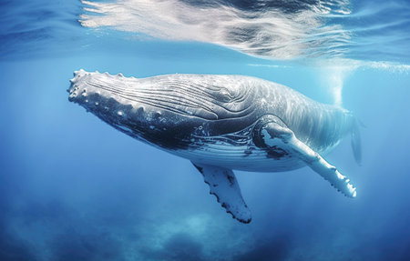 AI generative. Whale Plays Near the Surface in Blue Waterの素材