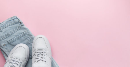 Banner Set of children jeans and white sneakers, casual style. Modern accessories of children. Top view Flat Lay. Pink backgroundの写真素材