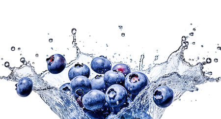 AI generative. Fresh Blueberries with water splash on a white background.の素材