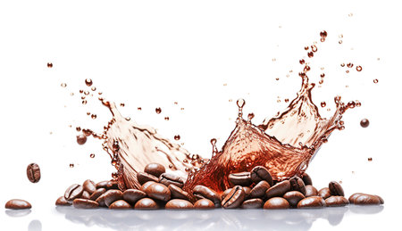 AI generative. Coffee beans with splash on white backgroundの素材