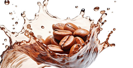 AI generative. Coffee beans with splash on white backgroundの素材