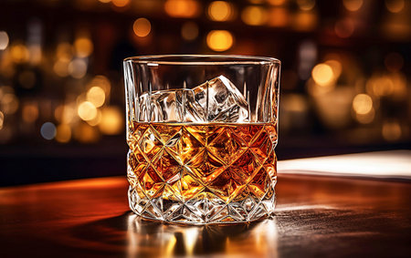 Ai generative. Glass of whiskey with ice on table.の素材