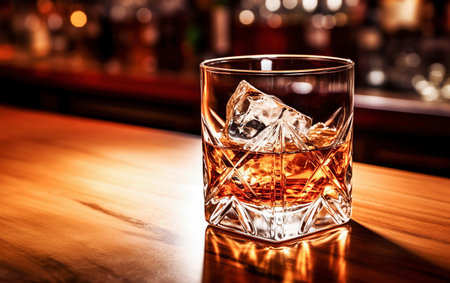 Ai generative. Glass of whiskey with ice on table.の素材
