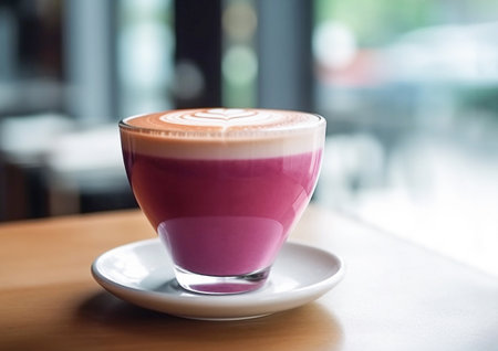 Ai generative.  Beetroot latte with latte art on a tableの素材