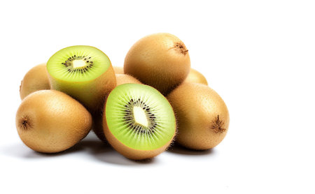 Ai generative.   Ripe whole kiwi fruits and half kiwi fruits  on white backgroundの素材