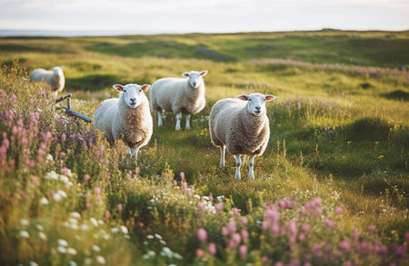 Ai generative.  Sheeps in a meadow on green grass at sunset.の素材