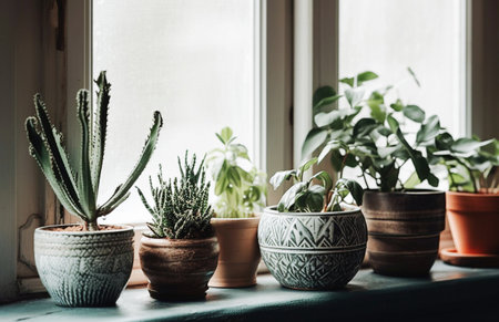 Ai generative.   Many Potted houseplants on windowsill indoors, vintage style.の素材