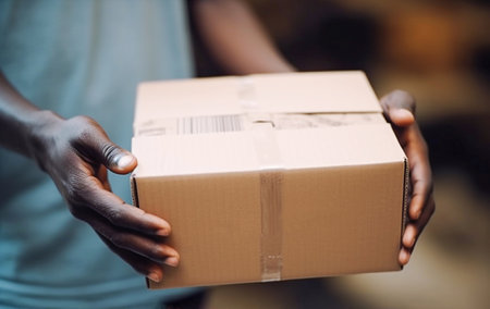 Ai generative. Hands holding a  cardboard box. Packaging and delivery concept.の素材
