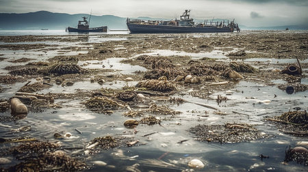 Ai generative.  Pollution of ocean water by plastic debris and garbage. Environmental pollution. Ecological problemの素材