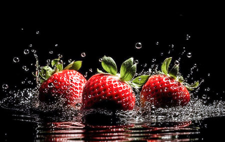 Ai generative. Strawberries in water splash on black backgroundの素材