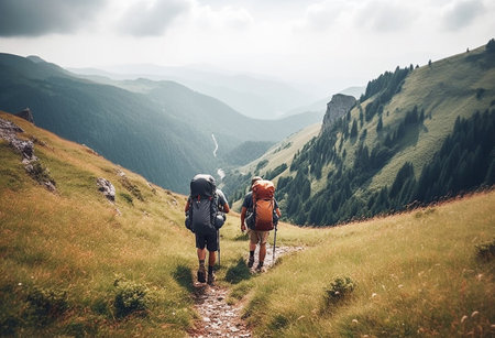 Ai generative. Group of tourists hiking in the mountains. Beautiful mountain landscape. travel conceptの素材