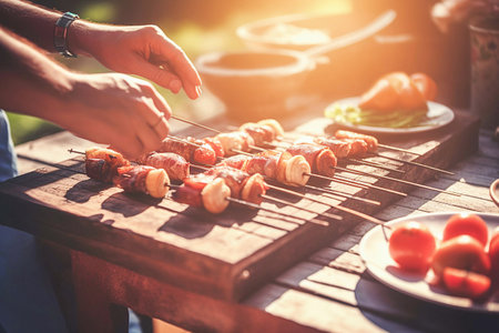 Ai generative. Barbecue scene. Close up of hands preparing barbecue meat and vegetables.の素材