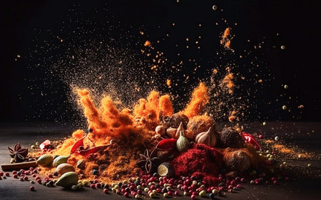 Ai generative. Explosion of different spices on a dark backgroundの素材