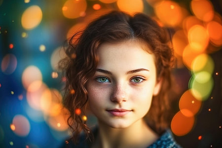 Ai generative. Portrait of a beautiful caucasian girl on a background with bokehの素材