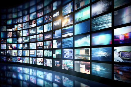 Ai generative. Wall with multimedia images on different television screensの素材