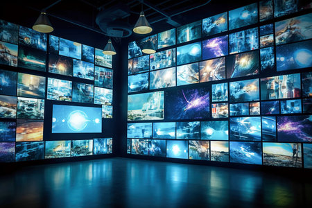 Ai generative. Wall with multimedia images on different television screensの素材